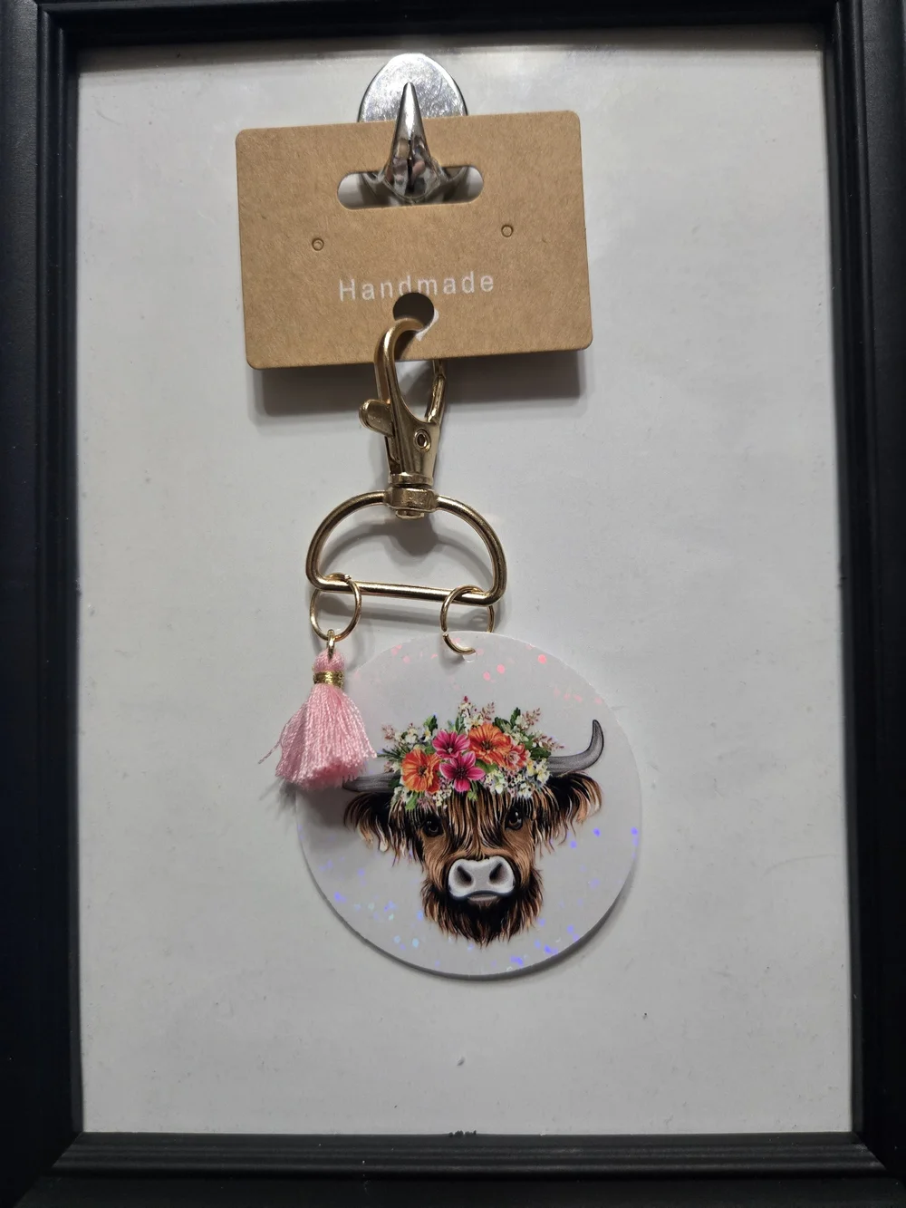 Handmade Pink Tassel Highland Cow Keychain Card Holder